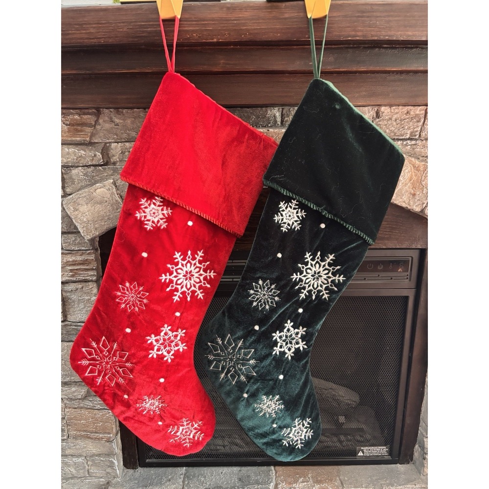 Pair Velvet Christmas Stockings 1 Red & 1 Green W/ White Embroidered Snowflakes